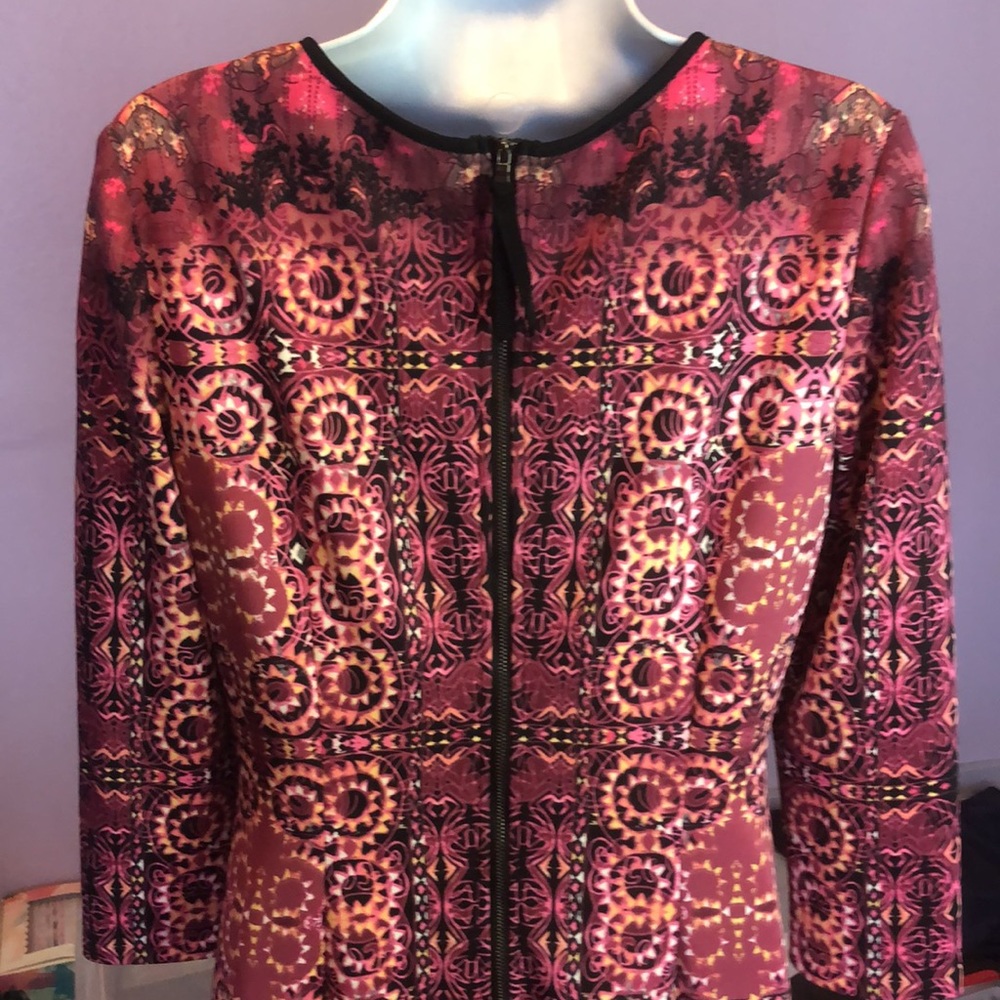 MAGGY LONDON SCUBA STYLE GEOMETRIC PRINT DRESS • BLACK/RED/PINK • sz 10 • NWOT - Picture 6 of 12